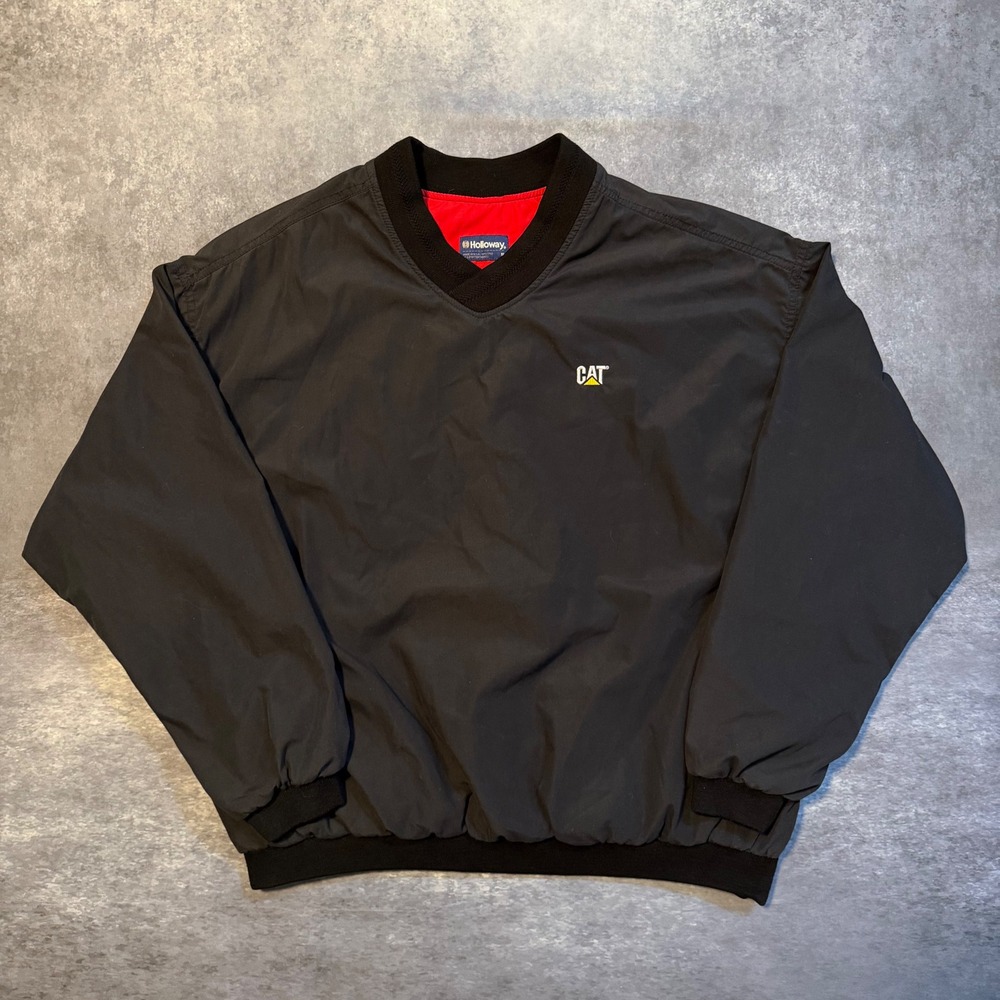 VTG Holloway CAT Caterpillar Windbreaker V-Neck Pullover Jacket Mens XL Black